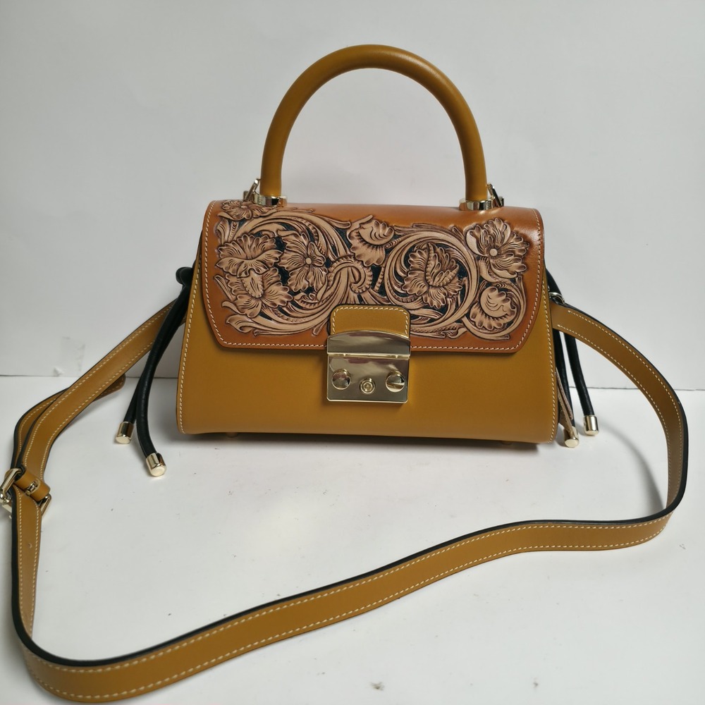 Bob Berg Designs Hand Tooled Leather Handbag Western Floral Flap Satchel Purse